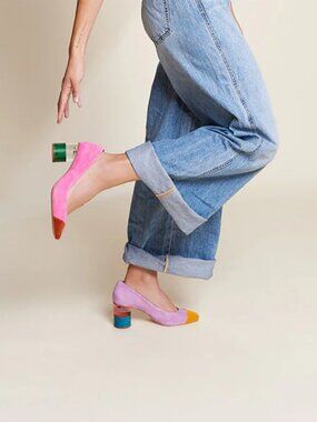 Charlotte Stone Risa Multicolor Suede Pump with Colorblock Heel - Nassau - Size